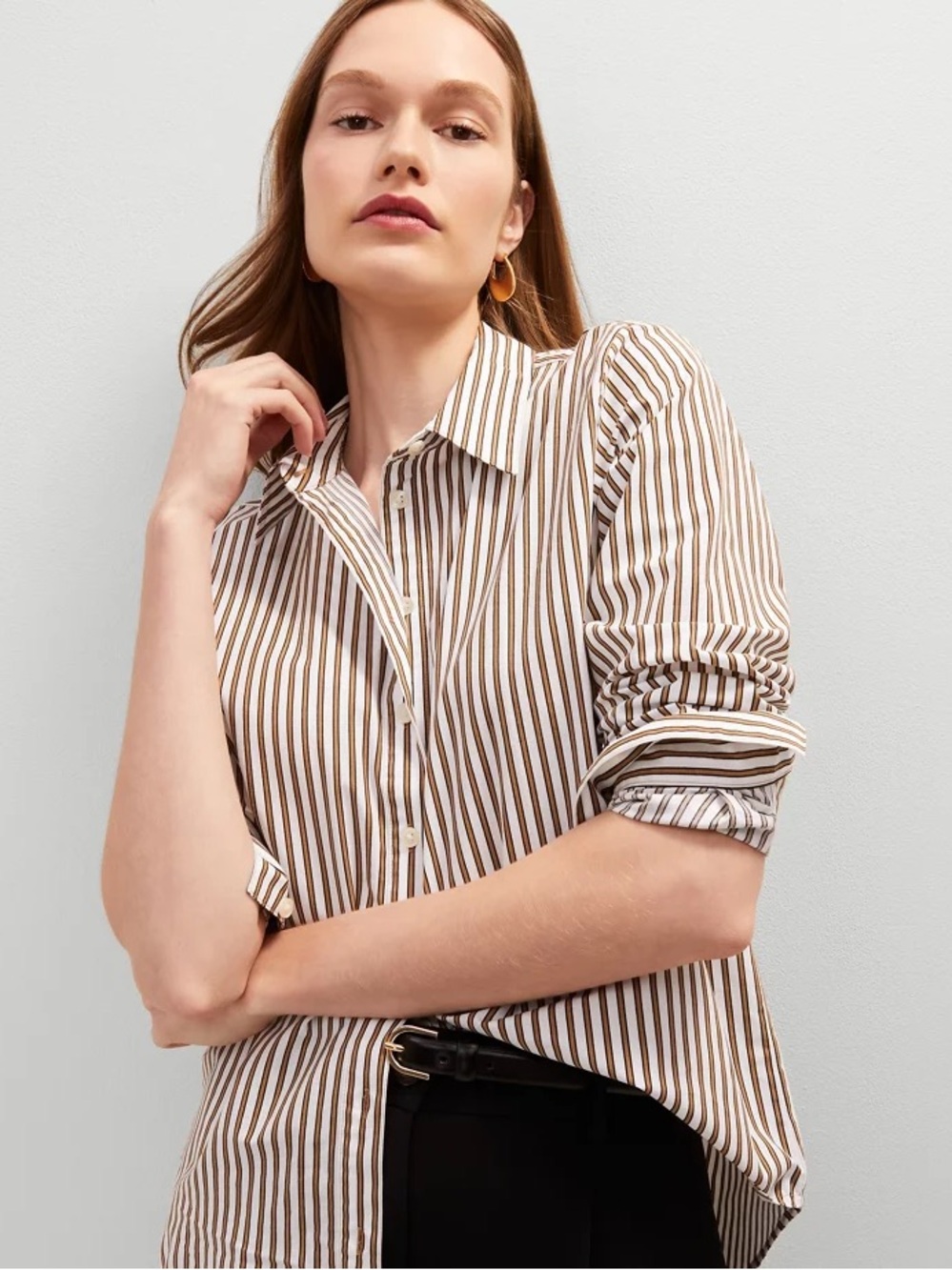 Ann Taylor Brown and White Striped Button-Down Shirt